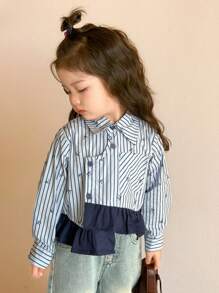 Girls & Young Girl' Stylish Vertical Striped Asymmetrical Shirt For Spring & Autumn - Blue - View 5
