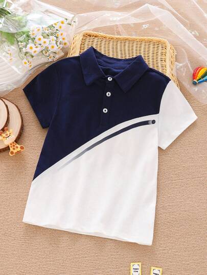 Boys Polo Collar Color Block Patchwork Casual Polo Shirt, Soft & Breathable, Short Sleeve T-Shirt, Kids Sports Wear For Summer