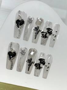 Y2K 10 件/套手工长棺材形指甲，灰色背景配爆炸银色，黑色心形，银色钻链，金属，蝴蝶结，冬季指甲，冷色调，可拆卸，适合派对，舞蹈，日常穿着，学生派对，办公室工作人员角色扮演，按压和可重复使用，配有果冻胶和指甲锉指甲用品 - 灰色 - 查看 2
