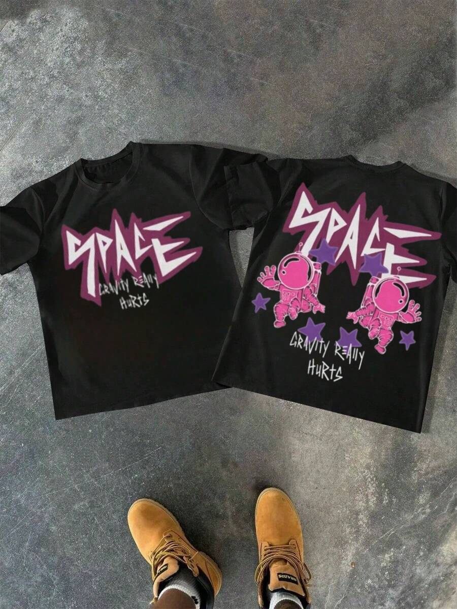 Hombres 1 Pieza 100% Algodón 220g Camiseta con Estampados Digitales Temáticos del Espacio en el Frente y la Espalda con Gráficos que Dicen "La Gravedad Realmente Duele" que Significa el Atractivo del Espacio - Negro - Ver 1