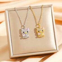 Sanrio 1pc Sanrio Cute Sparkly Rhinestone Kitty Cat Pendant Necklace, Delicate Cartoon Cat Charm Elegant Luxury Fashion Jewelry