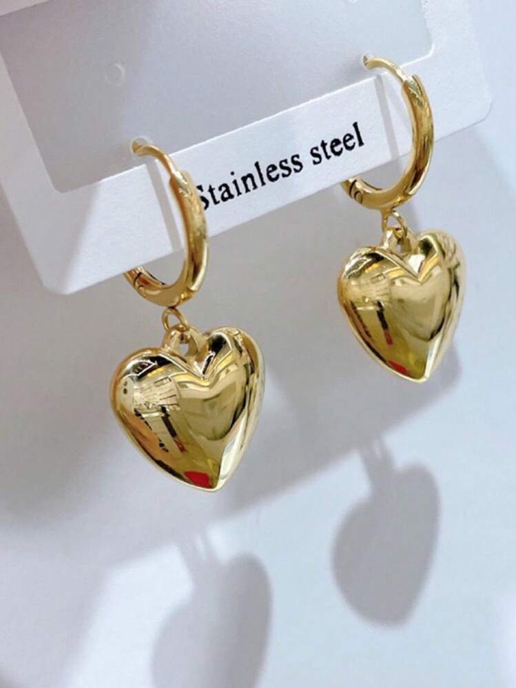 一对钛钢镀金光滑心形耳环，当日发货，精美珠宝，圣诞礼物，圣诞装饰品，送给妈妈的礼物 - 金色 - 查看 5