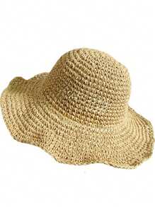 1pc Versatile Foldable Straw Hat, Women Summer Outdoor Sun Protection Hat, Korean Style Vacation Beach Hat, Fashionable - Khaki - View 8