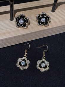 Simplistic Camellia Flower Micro-Inlay Earrings Set, Alloy Fashion Stud Earrings & Dangle Earrings Jewelry Set For Women