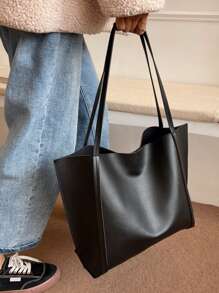 Minimalist Shoulder Tote Bag With Inner Pouch Black Vintage Tote Bag Large Capacity Solid Color Shoulder Bag With Insert Fouch,School Bag,Large Capacity,Portable,Classic Casual,BusinessCasual,For Teen Girls Women College Students,White-Collar Workes,Perfect For Work,Back To School,Middle School,Hiah School.College,Vacation