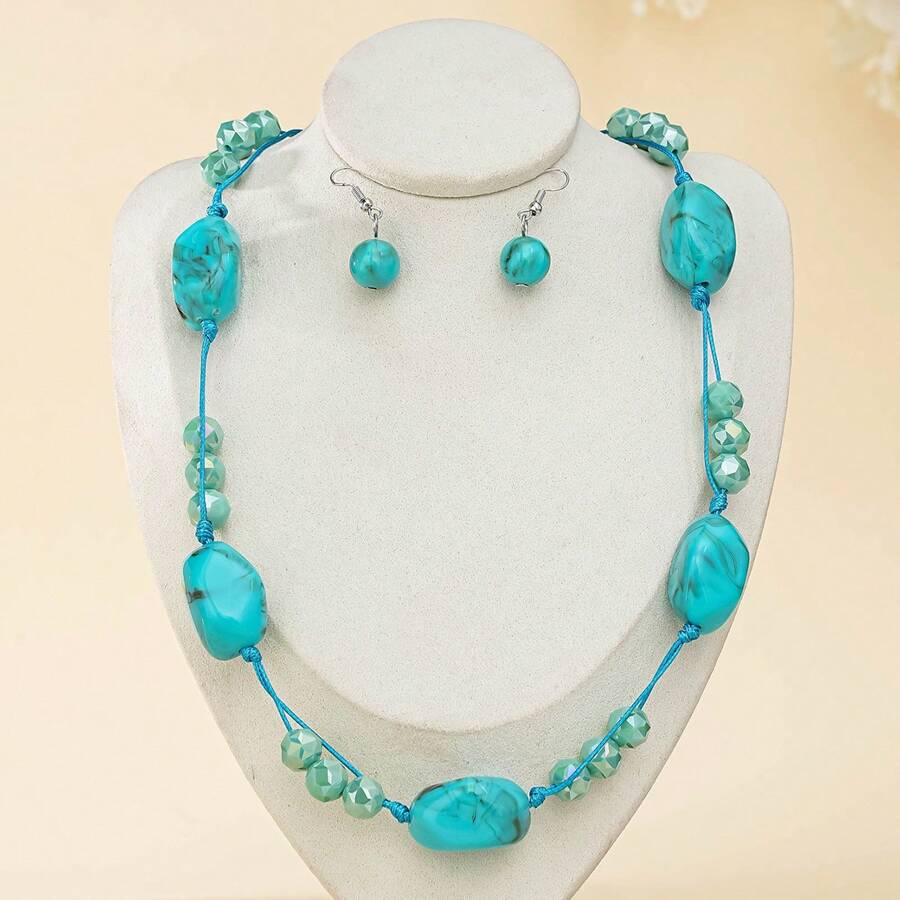 3pcs/Set Fashionable Bohemian Handmade Woven Geometric Resin Crystal Beaded Necklace And Earring Jewelry Set - Irregular 3-piece Set (necklace + Earrings) - View 1