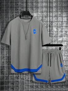 2 件套男士运动套装，夏季休闲跑步短袖 T 恤和短裤，轻便透气运动服，适合篮球户外健身