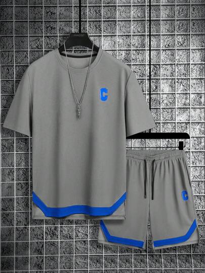 2 Stücke Herren Sportanzug Set, Sommer Lässig Lauf Kurzarm T-Shirt & Shorts, leichte atmungsaktive Sportkleidung für Basketball, Outdoor-Fitness