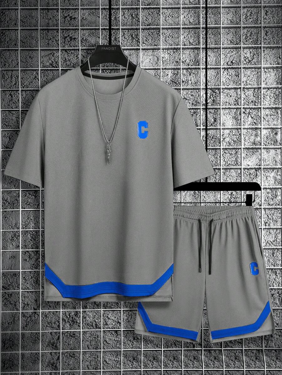 2 件套男士运动套装，夏季休闲跑步短袖 T 恤和短裤，轻便透气运动服，适合篮球户外健身