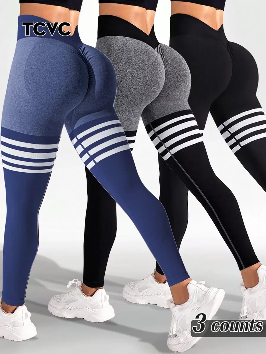 TCVC Leggings deportivos con cintura en V y rayas arrugadas para mujeres, pantalones de yoga sin costuras y de alta elasticidad, ropa deportiva para interiores y exteriores, ropa interior moldeadora, diseño de glúteos de melocotón, mallas casuales a juego con todo - Multicolor - Ver 1