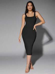 Vestido Ajustado Sin Mangas De Color Sólido Para Mujer - Negro - Ver 5