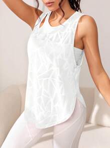 Women's Geometric Jacquard Crew Neck Casual Fitness Sport Tank Top, Perforated Arched Hem Yoga Top, Breathable White Workout Clothes For Women - White - View 7