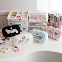 Sanrio 1pc Sanrio Hello Kitty Plush Transparent Window Pencil Case, Cute Cartoon Student Stationery Storage Bag With Zipper, Suitable For Birthday/Back To School Gifts