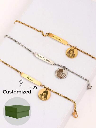 1 pieza Pulsera con foto grabada, con etiqueta con nombre, pulsera personalizada con foto grabada, joyería personalizada, pulsera grabada, pulsera con retrato, tocado, joyería chapada en oro de 18K, viene con caja de regalo elegante, adecuada para el Día de San Valentín, el Día de la Madre o regalo diario