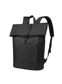 1 件男士背包，新款时尚卷顶翻盖双肩带背包，大容量，商务，休闲，运动，户外，旅行，防水尼龙，纯色，音乐节礼物 - 黑色 - 查看 5