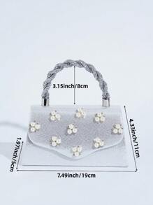 迷你珍珠手提包斜挎包小方包可装手机和口红，时尚百搭女士派对活动钱包 - 銀色 - 查看 8