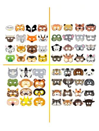 16 件动物面具，丛林森林动物园动物卡通面具，适用于动物主题生日派对装饰