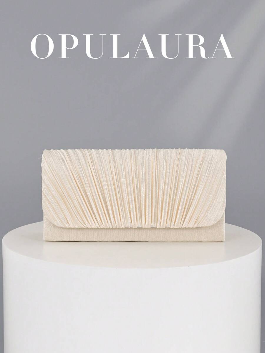 OpulAura 女士简约时尚褶皱设计迷你翻盖手提包，奢华缎面正式晚宴手拿包，优雅迷人，适合晚礼服，适合婚礼、正式派对、舞会、返校派对，可作为生日或节日礼物 - 杏色 - 查看 1