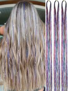 3pcs/Set Holographic Synthetic Hair Extensions, Colorful Shiny Gold & Silver Clip-In Hair Pieces For Girl - Purple - View 6