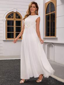Váy cưới không tay dài thướt tha cho nữ, váy chiffon thêu hoa ren ở eo, cô dâu - trắng - Xem 4
