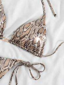 Snakeskin Print Sexy Bikini Set Swimwear, Tight Fitting Low-Back Spaghetti Strap Two-Piece Swimwear, For Summer Beach Vacation