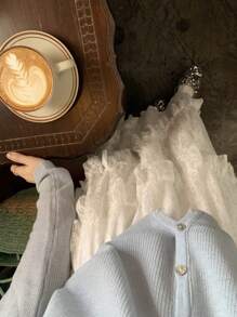 复古拼接不对称荷叶边蕾丝A字裙，高腰显瘦纯色百搭半身裙，2026春夏款 - 白色 - 查看 8