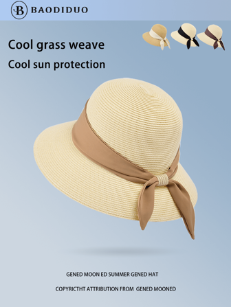 Women's Wide Brim Summer Sun-Shading Straw Hat, High-End Casual Beach Sun Hat, Woven Bucket Hat