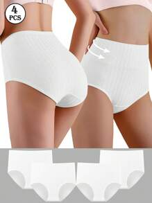 HANQIYA 4pcs Women Underwear, Skin-Friendly, Elegant Solid Color With Striped Design, Extended Gusset