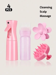 4件套洗发套装，包括：连续喷雾瓶（200毫升）、硅胶头皮按摩器、洗发刷、发根梳涂抹瓶、带花朵发夹的头皮按摩洗发刷、带刻度的染发剂涂抹瓶 - 彩色 - 查看 19