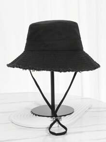 1pc Women's Washed Brim Frayed Edge Drawstring Canvas Bucket Hat, Summer Sun Protection Hat - Black - View 4