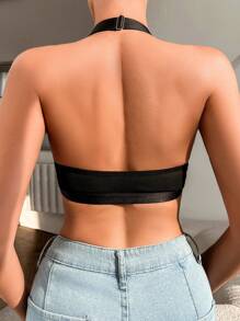 1pc Front Closure Women Lingerie, Sexy & Stylish Red Lip Lace Pattern Fabric, Elastic Adjustable Halter Backless Bralette - Black - View 2