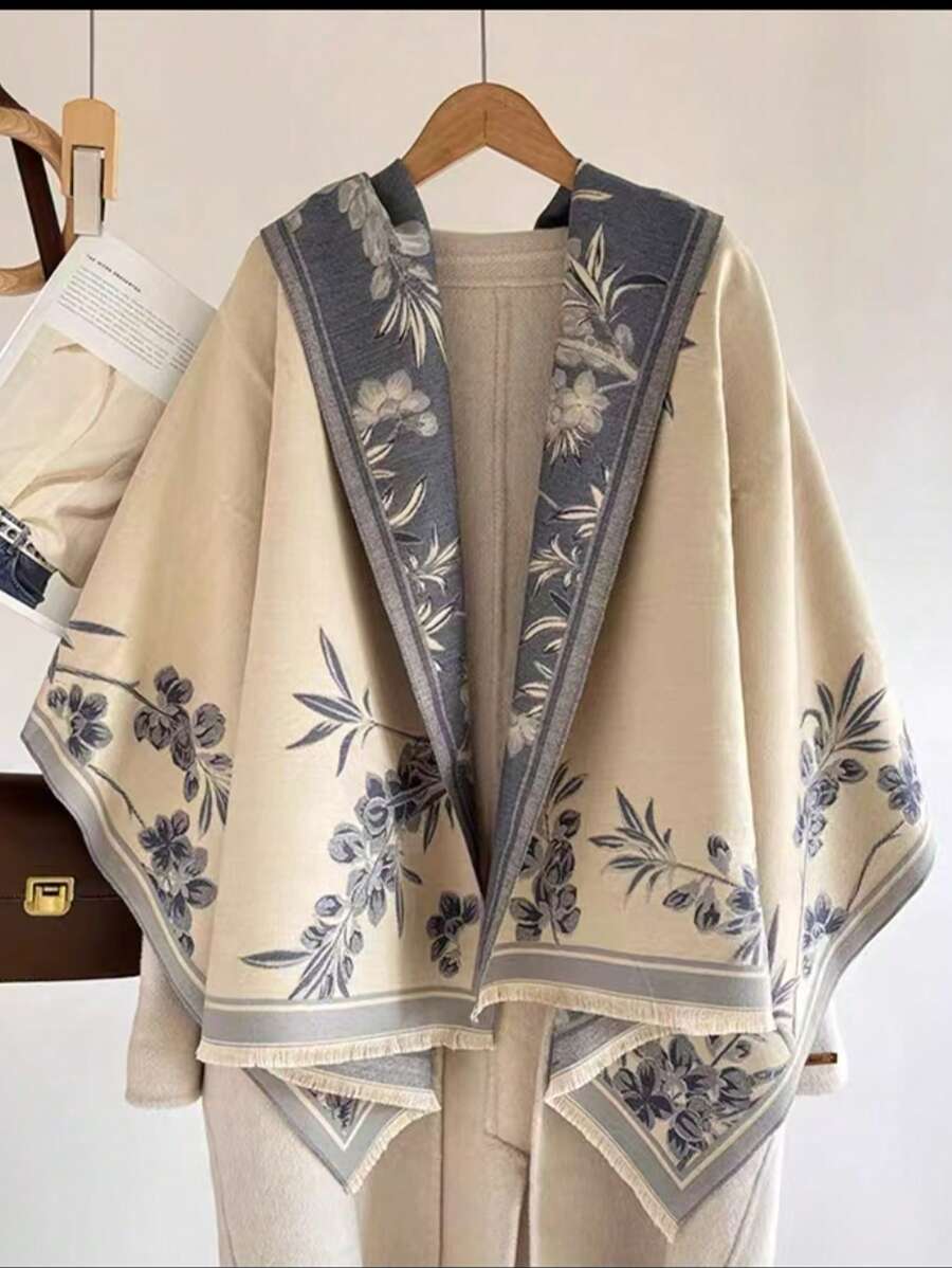 Minimalist Elegant Floral & Plant Pattern Intarsia Faux Cashmere Warm Scarf/Neck Warmer For Women, Versatile Fashion Accessory, Air-Conditioning Shawl Blanket, Suitable For Autumn/Winter Daily Wear And Decor - Beige - View 1