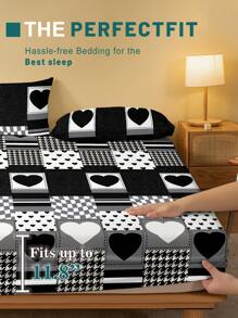 1 件格子心形几何黑白图案拉绒床笠、卧室印花床罩、床垫保护套、床垫罩、床垫垫罩、防尘罩、床上用品套装（不含枕套） - 彩色 - 查看 4