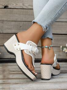 Women's Summer Square Toe Strap Buckle Outdoor Wear-Resistant Anti-Slip Rivet Roman Style Fashion Casual Wedge Platform Sandals