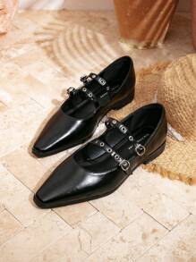 Xin Jing Shoes Zapatos planos para mujer con decoración de hebilla, zapatos planos casuales slip-on para el trabajo y uso diario - Negro - Ver 9