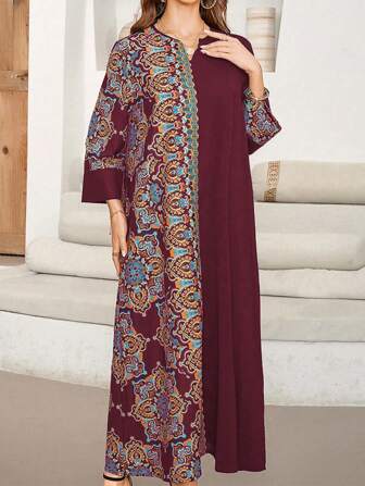 Women's Spring And Summer Vacation Leisure Retro Printed Patchwork Notched Neck Long Dress, Modest Kaftan