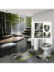 1 件/4 件带挂钩的竹子和石头图案浴帘 - 防水可洗涤纶面料，适合所有季节和节假日 - 浴室装饰