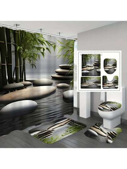 1 件/4 件带挂钩的竹子和石头图案浴帘 - 防水可洗涤纶面料，适合所有季节和节假日 - 浴室装饰