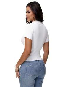 GEREARC Women's Casual Ribbed Notched Neck Short Sleeve T-Shirt - 白色 - 查看 5