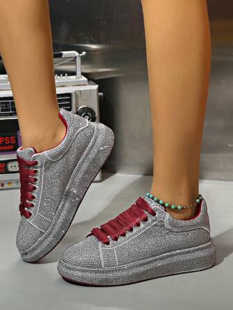 Nieuwe Bling Bling Sneakers Voor Vrouwen 2025 Lente, Sprankelende Kristallen Versierde Dikke Zool Mode Casual Sportschoenen, Plus Size