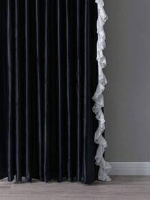 1 pieza Cortina premium de terciopelo negro con borde de encaje, elegante para villa, casa, sala de estar, decoración de dormitorio