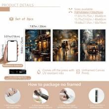 3pcs/Set Unframe Cafe After The Rain, A Couple Walking In The Rain, Old Tram On The Streets Of London At Night Black And White Canvas Print Artwork, Can Be Decorated In The Living Room, Bedroom, Office, Posters, Wall Art, Room Decoration Stuff,Modern, Travel,Botanical Gifts Birthday Graduation