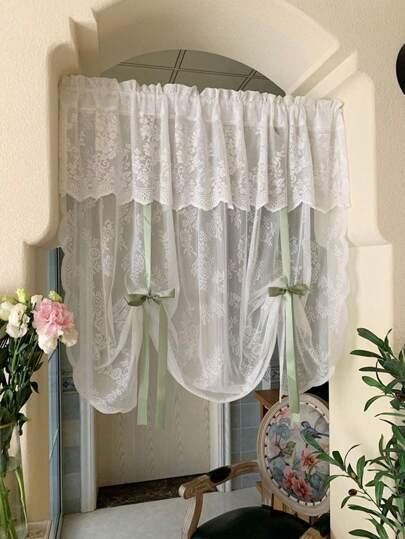 1pc Beige Embroidered Lace Chrysanthemum Valance, No-Drill Install Lace Curtain For Room, Bedroom, Kitchen, Window Sill, Suitable For Princess Style Room