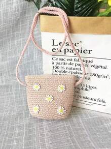 1pc Girls Cute Princess Style Daisy Flower Straw Purse And Beach Sun Hat, Princess Outfit For Daily Wear - Multicolor - View 7