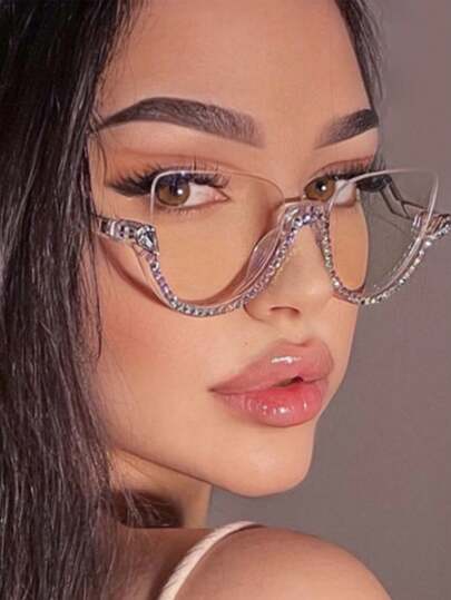 نظارات بعدسات شفافة مزينة بالراين ستون بدون إطار كامل، موديل 2025 جديد للنظارات الفاخرة للصيف والشاطئ والسفر والخارج، طراز بريبي للعودة إلى المدرسة