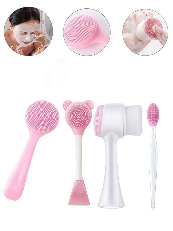 Conjunto de 4 peças de escova de limpeza facial de silicone multifuncional, escova esfoliante facial de silicone de duas cabeças, escova dupla face, escova de limpeza facial reutilizável, escova facial portátil, adequada para cuidados com a pele e massagem facial, escova esfoliante manual de silicone para remoção de resíduos de maquiagem, cravos, massagem facial e limpeza profunda da pele