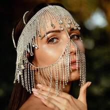 1pc Elegant Tassel Rhinestone Face Mask, Fashion Rhinestone Face Veil Headdress For Halloween Costume Party - A - View 7