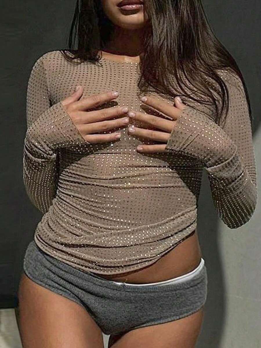 大码女式时尚性感水钻透视修身优雅百搭长袖圆领上衣，适合音乐节春季穿着 - 卡其色 - 查看 1
