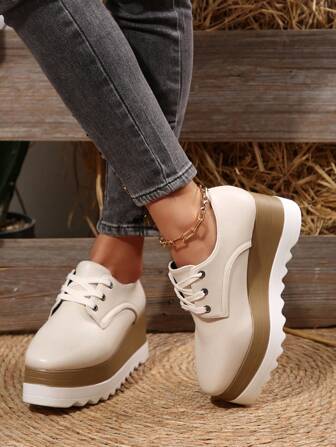 Fall/Winter Women's Platform Square Toe Lace-Up Solid Color Wedge Heel & Thick-Bottom Casual Shoes,Sneakers For Women
