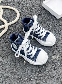 白色帆布鞋，高帮球鞋儿童帆布鞋，韩版简约男童女童鞋春秋，时尚低帮系带运动鞋，经典高帮帆布鞋，流行休闲运动滑板童鞋 - 藍色 - 查看 2